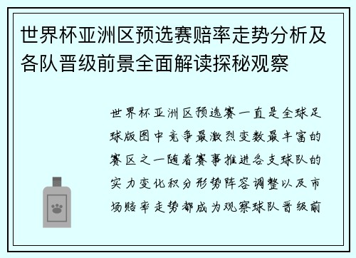 世界杯亚洲区预选赛赔率走势分析及各队晋级前景全面解读探秘观察